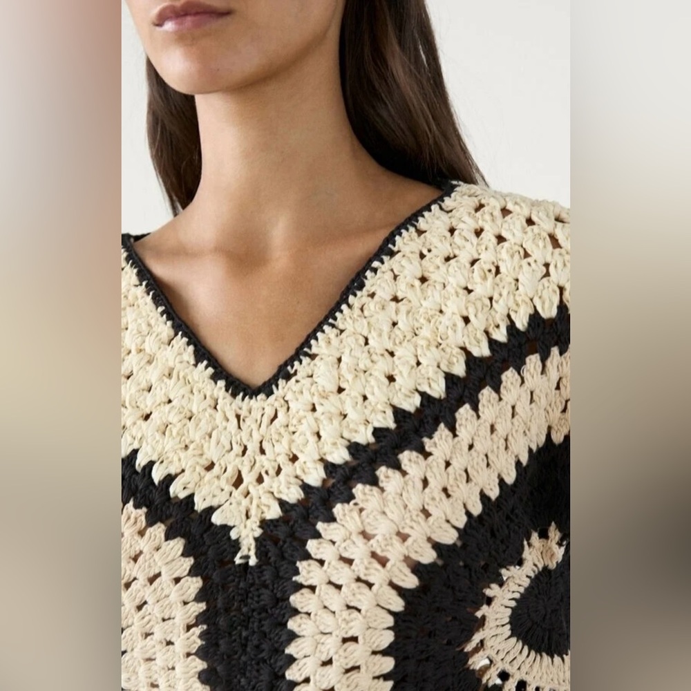 Massimo Dutti 100% Cotton Crochet Knit Top W Contrast Piping Details Women’s S - Picture 5 of 16